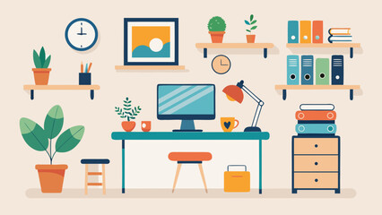 Fototapeta premium A colorful drawing of a home office with a computer, a desk, a chair, a clock, a potted plant, and a bookshelf