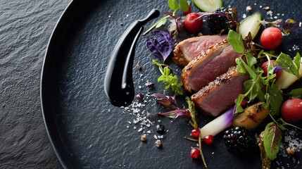 Deliciously plated duck breast with fresh herbs and colorful vegetables on a textured black plate