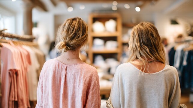 In a bright fashion store, two women browse through racks of stylish clothing. They share thoughts as they admire various garments, enjoying the experience of shopping together