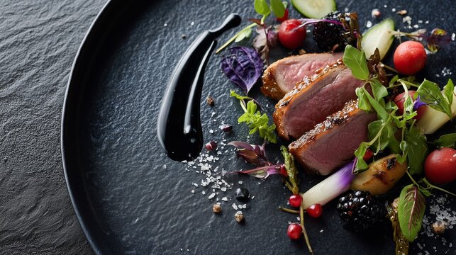 Deliciously plated duck breast with fresh herbs and colorful vegetables on a textured black plate