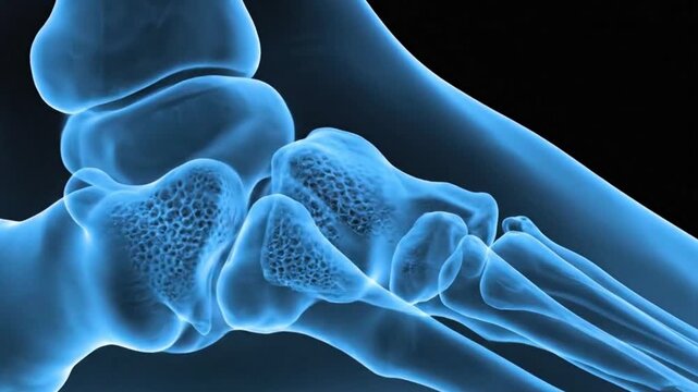 A detailed x ray image of a human foot showing the bones and structure against a black background