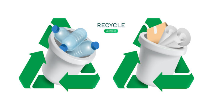 White bins for sorting recyclable waste in two ways: the first type separates plastics, the second type separates paper, and has a recycling logo rotating around the bin, vector 3d isolated for design - Powered by Adobe