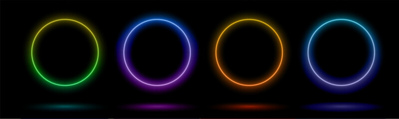 Vector illustration. Neon glow circles in different colors on dark background.