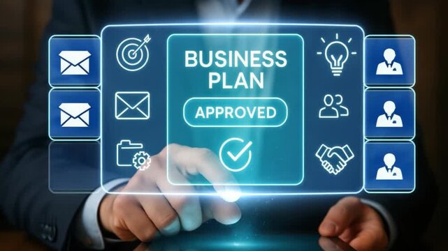 Business plan approved concept featuring digital marketing strategy and innovative technology for business growth, success, and teamwork with virtual interface and ideas