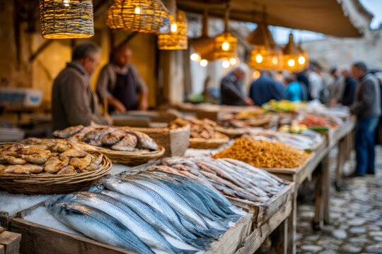 Fresh fish and seafood arrayed at outdoor market stall