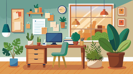 A cozy home office with a desk, a computer, a clock, and a potted plant. The room is filled with greenery, including several potted plants placed around the space