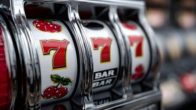 Slot machine showing lucky sevens jackpot gambling success