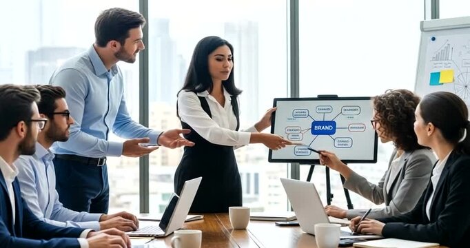 Diverse team collaborating on brand strategy in modern office setting