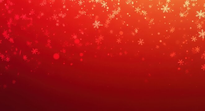 Abstract Festive Red and Orange Gradient Background with Falling Snowflakes and Soft Bokeh Lights