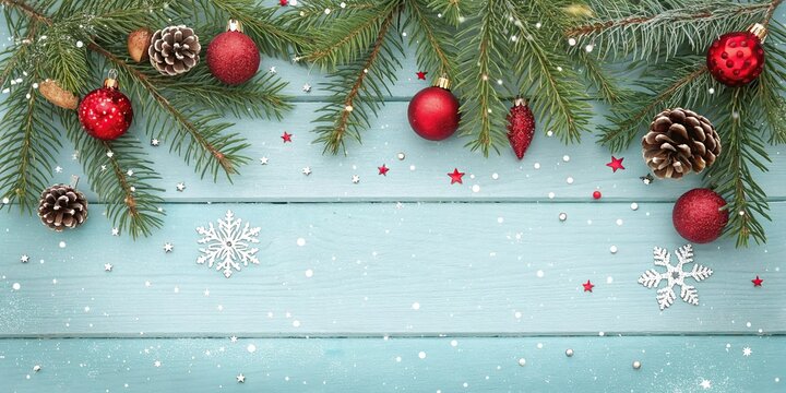 Charming christmas border with pinecones & red ornaments on snowy blue wood table