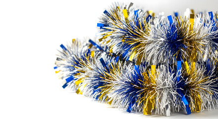 Sparkling tinsel garland with blue and gold accents for holiday decorations