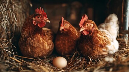 Chickens in the barn laying eggs during a calm evening in July, showcasing the serene life of farm animals and their nurturing environment