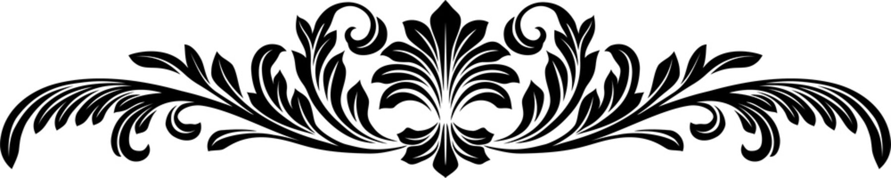 A filigree heraldic crest calligraphic motif, floral pattern horizontal divider design element. Original design in a vintage style.
