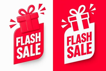 Dynamic flash sale promotion with gift box icons and explosive burst graphics on red and white backgrounds