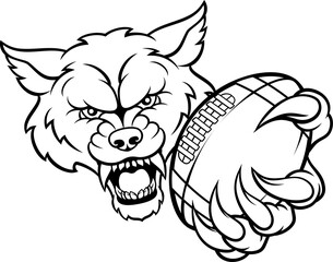 A wolf angry animal sports mascot holding an American footballl ball 