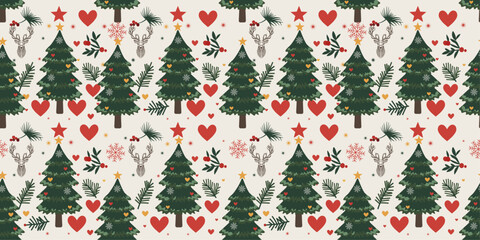 Cute Scandinavian Christmas Seamless Pattern with Reindeers and Snowflakes. Vector Illustration.