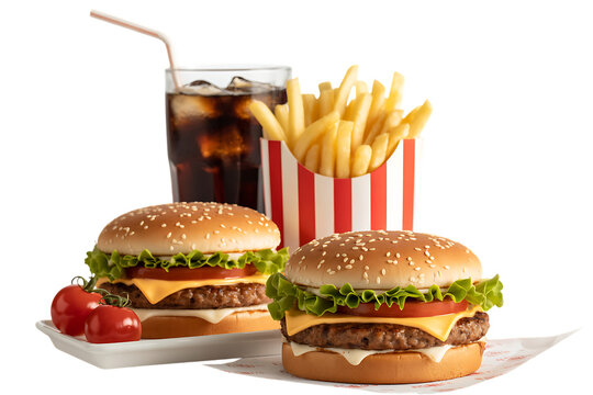 Two cheeseburgers french fries and a soda on a black background