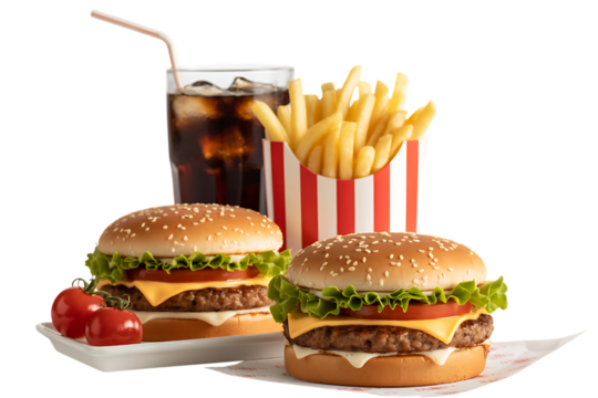 Two cheeseburgers french fries and a soda on a black background - Powered by Adobe