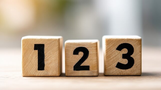 Three smooth wooden blocks with bold black numbers 1, 2, and 3 arranged side by side,
