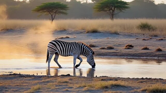 Zebra drinking water in a hazy african landscape with trees in the background at sunset zebra video