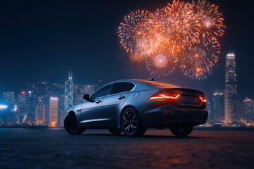Silver Luxury Sedan With Fireworks and Night City Skyline New Year