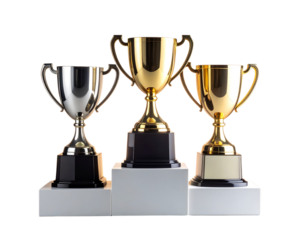 Victory Podium with Shiny Metallic Trophies – Celebration Concept