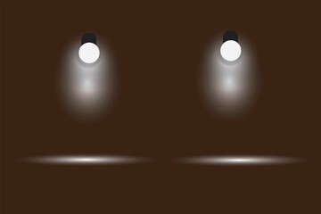 Two spotlights shining down on a brown background with light beams