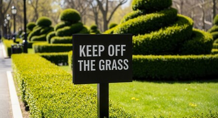 Keep Off The Grass Sign Against Beautifully Sculpted Hedges In A Garden
