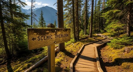 Journey Toward The Scenic Overlook Along a Boardwalk in a Lush Forest Destination