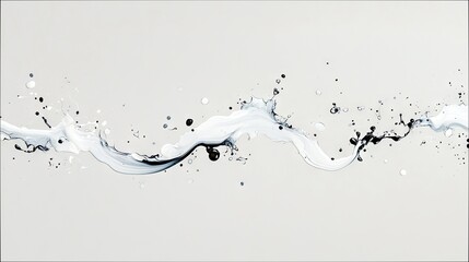 A dynamic abstract composition featuring a wave-like flow of black and white liquid splashes and droplets against a neutral, light gray backdrop.