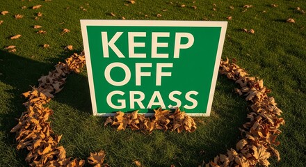 Keep Off The Grass Sign Surrounding With Autumn Leaves On Green Lawn In Sunlight