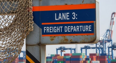 Lane 3 Departure Sign At The Freight Port Terminal With Containers And Cranes