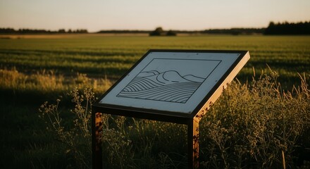 Landscape Sign At Sunset Featuring Fields And A Symbolic Representation