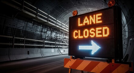 Lane Closure Sign Illuminated in Tunnel with Construction Scaffolding and Warning Barriers