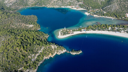 Summer destination drone view showing &Ouml;l&uuml;deniz&rsquo;s bright blue sea and natural bay.