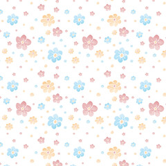 Watercolor floral pattern with pink blue and yellow flowers on a white background in a seamless design