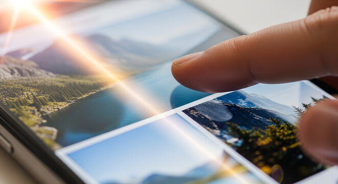 Finger touching smartphone screen while browsing nature photos  