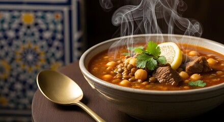 Harira soup steaming on wooden table for iftar