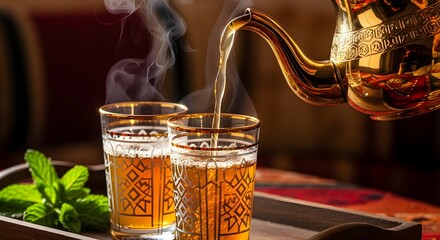 Pouring traditional moroccan mint tea from ornate brass teapot