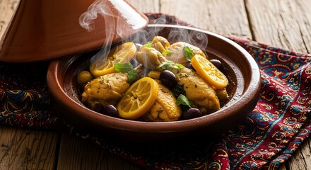 Moroccan chicken tagine with steaming preserved lemons and olives