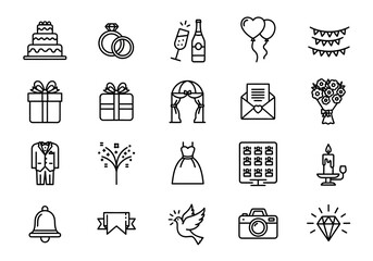 Wedding day linear icons set. Collection of simple outline pictograms for marriage ceremony, bridal party, and romantic celebration