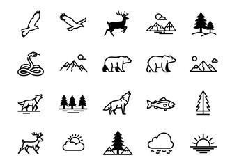 Obraz premium A set of outline icons featuring wild forest animals and mountain nature symbols, including bear, wolf, deer, and pine trees