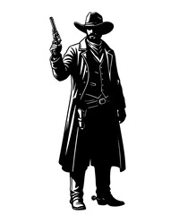 Cowboy with Gun Silhouette, Western Gunslinger Vector Illustration