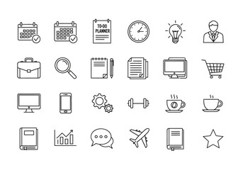 Modern minimalist outline icon set including symbols for work, travel, technology, and productivity