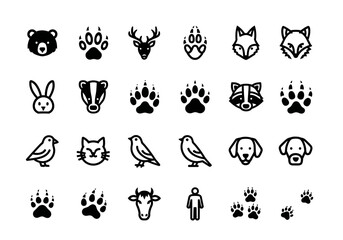 Minimalist line art icons of animal heads and paw prints, including bear, deer, fox, rabbit, and dog illustrations