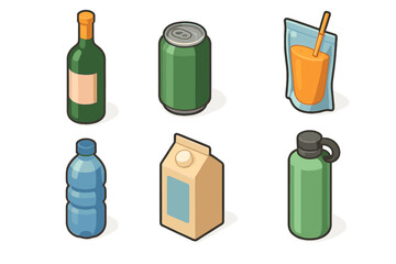 Variety of beverage containers: wine bottle, soda can, juice pouch, water bottle, milk carton, thermos