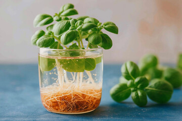 Basil roots suspended in nutrient water with vibrant green leaves in a glass container