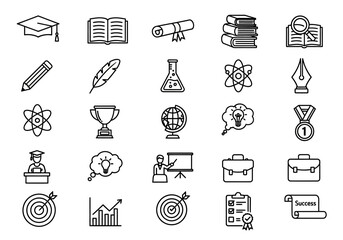 A comprehensive vector set of monochrome line icons representing education, learning, scientific research, and academic achievement goals