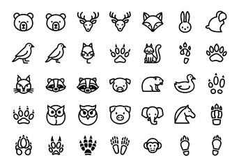Minimalist line icon set of animal heads and footprints. Includes wildlife like bears and foxes with their corresponding paw tracks for design, ejrhknoy (72).eps