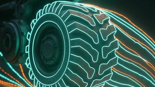 Futuristic glowing tire with neon blue and orange light outlines showcasing mechanical technology and rugged rubber wheel design featuring dynamic glowing neon trails and high tech tread pattern